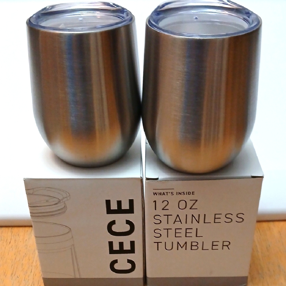 CeCe Stainless Steel Wine Tumbler, Set of 2, Silver, 12 oz, NIB